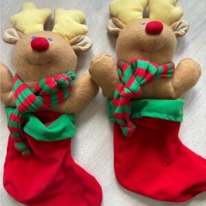 Vintage Set (2)Christmas Stocking Plush Reindeer Puppet Avon 1988 Stuffed Animal